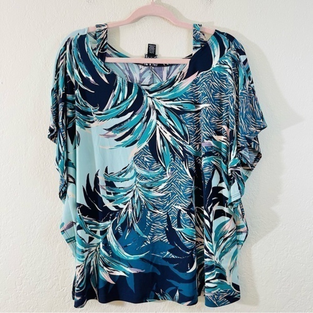 Clara Sun Woo Women Tropical Flutter Sleeve Top 2X Stretch Casual Travel Vacay